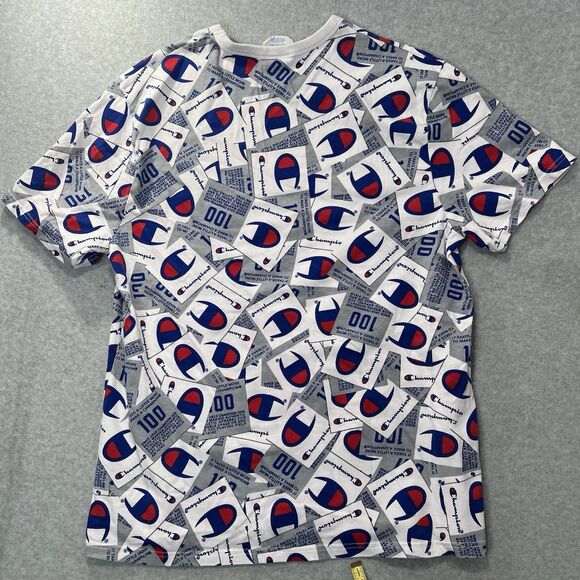 Champion Shirt Mens White Blue All Over Print AOP Short Sleeve Size XL spell out - Picture 2 of 9